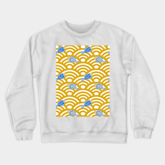Blue fishes in yellow seigaiha waves Crewneck Sweatshirt by Home Cyn Home 